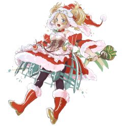 Rule 34 | 1girl, blonde hair, blue eyes, blush, boots, dress, earrings, fire emblem, fire emblem awakening, full body, gloves, hair ornament, highres, jewelry, lissa (fire emblem), lissa (winter) (fire emblem), long hair, misokatsuhaumai, nintendo, open mouth, pantyhose, santa costume, short twintails, simple background, smile, solo, twintails, white background