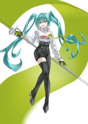 Rule 34 | 1girl, absurdres, black bodysuit, black footwear, black gloves, blue eyes, blue hair, bodysuit, boots, chinese commentary, commentary, covered navel, cropped jacket, flag, floating, floating hair, fr-ee-dom, full body, gloves, goodsmile racing, hatsune miku, head tilt, high heel boots, high heels, highres, holding, holding flag, jacket, long hair, looking at viewer, open mouth, racing miku, racing miku (2022), single thigh boot, smile, solo, thigh boots, twintails, very long hair, vocaloid, white jacket