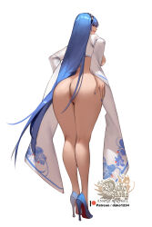 Rule 34 | 1girl, absurdres, artist logo, artist name, ass, bare legs, black hairband, blue eyes, blue footwear, blue hair, blue nails, breasts, censored, commentary, female pubic hair, from behind, full body, hairband, hand on own hip, high heels, highres, hu dako, large breasts, long hair, long sleeves, looking at viewer, looking back, mosaic censoring, nail, original, pinup (style), pubic hair, pussy, red soles, shoes, shrug (clothing), simple background, solo, standing, straight hair, very long hair, watermark, web address, white background, wide sleeves