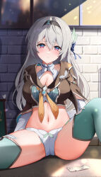 Rule 34 | 1girl, absurdres, aqua thighhighs, black hairband, black shirt, blush, breasts, cleavage, commentary request, crop top, firefly (honkai: star rail), grey hair, hairband, highres, honkai: star rail, honkai (series), large breasts, long hair, looking at viewer, midriff, navel, panties, parted lips, purple eyes, shirt, sitting, solo, stomach, thighhighs, thighs, underwear, very long hair, white panties, yeni1871