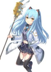 Rule 34 | 1girl, animal ears, black skirt, black thighhighs, blue eyes, blue footwear, blue hair, breasts, brown eyes, cat ears, collared shirt, eiyuu densetsu, fake animal ears, falcom, fingernails, grey shirt, hair between eyes, hajime kaname, highres, holding, holding staff, jacket, long hair, long sleeves, looking at viewer, open clothes, open jacket, parted lips, pleated skirt, purple vest, sen no kiseki, shirt, shoes, simple background, skirt, small breasts, solo, staff, thighhighs, tio plato, v-shaped eyebrows, very long hair, vest, white background, white jacket