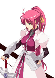Rule 34 | 00s, 1girl, arm guards, armor, breasts, date (senpen), faulds, hand on hilt, hand on own hip, laevatein (nanoha), long hair, looking at viewer, lyrical nanoha, mahou shoujo lyrical nanoha, mahou shoujo lyrical nanoha a&#039;s, pink hair, ponytail, puffy sleeves, signum, simple background, solo, standing, sword, very long hair, waist cape, weapon