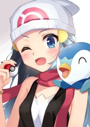 Rule 34 | 1girl, ;d, ^ ^, bare arms, bare shoulders, beanie, black hair, black shirt, blue eyes, blue hair, blush, breasts, closed eyes, commentary request, creatures (company), dawn (pokemon), game freak, gen 4 pokemon, gradient hair, hair ornament, hand up, hat, highres, holding, holding poke ball, multicolored hair, nintendo, on shoulder, one eye closed, open mouth, piplup, poke ball, poke ball (basic), poke ball symbol, pokemon, pokemon (creature), pokemon dppt, pokemon on shoulder, red scarf, scarf, shirt, sleeveless, sleeveless shirt, small breasts, smile, sutei (xfzdarkt), upper body, v-shaped eyebrows, white headwear