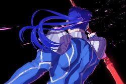 Rule 34 | 1boy, armor, back, back focus, black background, blue bodysuit, bodysuit, cu chulainn (fate), cu chulainn (fate/stay night), fate/stay night, fate (series), from behind, gae bolg (fate), hal (haaaalhal), holding, holding polearm, holding weapon, long hair, male focus, polearm, ponytail, shoulder armor, signature, simple background, solo, spear, upper body, weapon