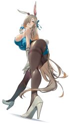 Rule 34 | 1girl, animal ears, ass, asuna (blue archive), asuna (bunny) (blue archive), bare shoulders, blue archive, blue bow, blue bowtie, blue eyes, blue leotard, blush, bow, bowtie, breasts, detached collar, fake animal ears, from behind, from below, gloves, hair over one eye, high heels, highleg, highleg leotard, highres, large breasts, leaning forward, leotard, light brown hair, long hair, looking back, nonco, official alternate costume, open mouth, pantyhose, playboy bunny, rabbit ears, simple background, smile, solo, standing, strapless, strapless leotard, teeth, thighband pantyhose, traditional bowtie, white footwear, white gloves
