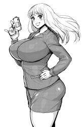 Rule 34 | 1girl, akimoto katherine reiko, bad id, bad pixiv id, breasts, formal, greyscale, gun, hand on own hip, handgun, highres, hip focus, huge breasts, kochikame, long hair, looking at viewer, miniskirt, monochrome, open mouth, pencil skirt, pinky out, pistol, police, police uniform, policewoman, revolver, simple background, skirt, skirt suit, smile, solo, standing, suit, synecdoche, thick thighs, thighs, trigger discipline, uniform, weapon, white background