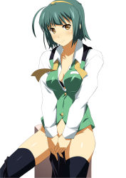 Rule 34 | 1girl, black thighhighs, bottomless, breasts, brown eyes, cleavage, green hair, hairband, idolmaster, idolmaster (classic), looking at viewer, medium breasts, mole, mole under mouth, no panties, open clothes, open shirt, otonashi kotori, pedestal, shin&#039;ya (nanp), shirt, short hair, simple background, sitting, skindentation, smile, solo, thighhighs, unbuttoned, untied, vest, white background