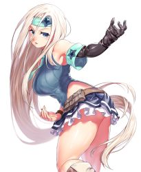 Rule 34 | 1girl, bare shoulders, belt, belt pouch, blonde hair, blue eyes, breasts, commentary request, destiny child, elbow gloves, fingernails, gloves, headband, highres, large breasts, leotard, lisa (destiny child), long hair, miniskirt, necktie, onsoku inu, parted lips, pouch, shiny clothes, shiny skin, simple background, single glove, skirt, sleeveless, solo, thighs, very long hair, white background, wristband