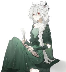 Rule 34 | 1girl, bandaged arm, bandages, barefoot, book, braid, breasts, collarbone, colored eyelashes, cookie run, crossed legs, dress, fingernails, flower, green dress, hair flower, hair ornament, highres, holding, holding book, holding quill, lily (flower), long hair, nova 1810, parted lips, quill, red eyes, shawl, single braid, sitting, small breasts, solo, white background, white hair, white lily cookie