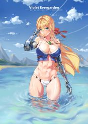 Rule 34 | 10s, 1girl, abs, absurdres, artist name, blonde hair, breasts, cleavage, cloud, commentary request, d. joko, dated, day, gluteal fold, green eyes, hair between eyes, hair intakes, highres, jewelry, large breasts, long hair, looking at viewer, mechanical arms, mechanical hands, mountain, muscular, muscular female, necklace, open mouth, pendant, prosthesis, red ribbon, ribbon, ripples, scar, sky, solo, swimsuit, thighs, violet evergarden, violet evergarden (series), water