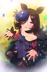 Rule 34 | 1girl, animal ears, bare shoulders, blue flower, blue hat, blue rose, blush, breasts, brown hair, brown thighhighs, commentary, confetti, dress, flower, from above, furukawa itsuse, hair over one eye, hands up, hat, hat flower, highres, horse ears, long hair, long sleeves, looking at viewer, looking up, off-shoulder dress, off shoulder, on grass, parted lips, purple dress, purple eyes, rice shower (umamusume), rose, seiza, sitting, sleeves past wrists, small breasts, smile, solo, teeth, thighhighs, tilted headwear, umamusume, upper teeth only, very long hair