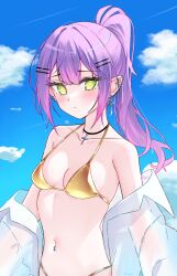 Rule 34 | 1girl, bikini, black choker, blush, breasts, choker, cloud, commentary, cross, cross choker, cross earrings, earrings, english commentary, gold bikini, green eyes, hair ornament, hairclip, halterneck, highres, hololive, jewelry, long hair, looking at viewer, magui3, medium breasts, multicolored hair, multiple piercings, navel, navel piercing, no pupils, open clothes, open shirt, outdoors, piercing, pink hair, pointy ears, ponytail, purple hair, shirt, sky, solo, streaked hair, swimsuit, tokoyami towa, virtual youtuber, white shirt