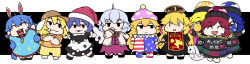 Rule 34 | 6+girls, absurdres, ahoge, american flag dress, american flag pants, american flag print, animal ears, arms up, bare shoulders, barefoot, black background, black choker, black dress, black eyes, black footwear, black headwear, black shirt, blonde hair, blue dress, blue hair, border, bow, bowtie, braid, brown headwear, brown jacket, carrot necklace, chain, chibi, chinese clothes, choker, closed eyes, closed mouth, clothes writing, clownpiece, collared dress, commentary request, crescent, crescent print, crossed arms, doremy sweet, dress, earth (ornament), fire, frills, full body, gem, gold chain, green gemstone, green skirt, grey hair, hair between eyes, hand on own face, hand up, hands up, hat, heart, heart print, hecatia lapislazuli, hecatia lapislazuli (earth), hecatia lapislazuli (moon), highres, holding, holding torch, jacket, jewelry, junko (touhou), kishin sagume, leg up, legacy of lunatic kingdom, long sleeves, looking at another, looking to the side, medium hair, moon (ornament), multicolored clothes, multicolored nails, multiple girls, nail polish, neck ruff, necklace, no shoes, off-shoulder shirt, off shoulder, open clothes, open jacket, open mouth, orange shirt, outside border, pants, phoenix crown, pink fire, plaid, plaid skirt, pom pom (clothes), print pants, puffy short sleeves, puffy sleeves, purple dress, purple skirt, rabbit ears, red bow, red bowtie, red hair, red headwear, red skirt, rihito (usazukin), ringo (touhou), seiran (touhou), shirt, shoes, short hair, short sleeves, shorts, simple background, single wing, skirt, smile, smug, standing, standing on one leg, star (symbol), star print, striped clothes, striped dress, striped pants, striped shorts, stuffed animal, stuffed toy, t-shirt, tabard, tail, torch, touhou, toy, twin braids, underworld (ornament), white border, white dress, wide sleeves, wings, yellow bow, yellow bowtie, yellow shorts