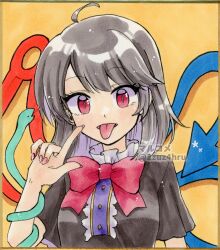 Rule 34 | 1girl, 2zuz4hru, ahoge, asymmetrical wings, black dress, black hair, blue wings, bow, bowtie, center frills, dress, fingernails, frills, highres, houjuu nue, long hair, marker (medium), nail polish, open mouth, red bow, red bowtie, red eyes, red nails, red wings, short sleeves, simple background, snake, solo, tongue, tongue out, touhou, traditional media, wings, yellow background