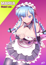 Rule 34 | 1girl, absurdres, bare shoulders, black bow, black sleeves, black thighhighs, blue hair, blunt bangs, blush, bow, braid, breasts, bright pupils, cleavage, closed mouth, detached collar, detached sleeves, embarrassed, english text, frills, green background, hair bow, hair ribbon, hand on own chest, highres, isaosa, large breasts, long sleeves, looking at viewer, maid, maid headdress, marija (muse dash), multicolored background, muse dash, pleated skirt, purple background, purple eyes, red ribbon, ribbon, sidelocks, skindentation, skirt, solo, sweatdrop, thighhighs, twin braids, white pupils, zettai ryouiki