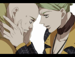Rule 34 | 2boys, bald, choker, forehead-to-forehead, green eyes, green hair, hands on another&#039;s face, heads together, jewelry, jojo no kimyou na bouken, letterboxed, male focus, multiple boys, necklace, pesci, prosciutto, rena (renasight), sweat