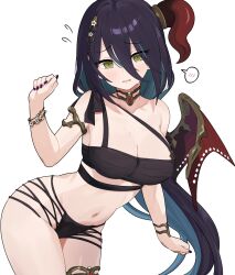 Rule 34 | 1girl, bare shoulders, bikini, black bikini, black hair, black nails, blue hair, blush, bracelet, breasts, cleavage, collarbone, colored inner hair, commentary, cowboy shot, dark blue hair, dated commentary, demon wings, facing viewer, hair between eyes, hair ornament, hand up, haruka1638, highres, horns, jewelry, large breasts, long bangs, long hair, looking down, multicolored hair, navel, official alternate costume, open mouth, princess connect!, ranpha (princess connect!), ranpha (summer) (princess connect!), red horns, simple background, single horn, single wing, solo, spoken blush, sweatdrop, swimsuit, thighlet, two-tone hair, very long hair, white background, wings, yellow eyes