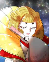 Rule 34 | 1girl, asian, black eyes, black nails, blonde hair, colored skin, commentary request, dragon quest, dragon quest: souten no soura, estris (dragon quest), folding fan, hand fan, hexagon, highres, hikimayu, holding, japanese clothes, mugicha (zoro1132), red lips, short eyebrows, sky, sleeves past wrists, solo, star (sky), starry sky, upper body, white skin, wide sleeves