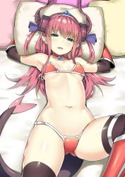 Rule 34 | 1girl, aqua eyes, argyle, armor, armpits, bare shoulders, bed, bikini, bikini armor, blush, breasts, commentary request, elbow gloves, elizabeth bathory (brave) (fate), elizabeth bathory (fate), fang, fate/grand order, fate (series), gem, gloves, hair between eyes, hairband, holding, holding pillow, horn ornament, horns, long hair, looking at viewer, loose bikini, lowleg, lowleg bikini, lying, navel, on back, on bed, open mouth, pillow, pink hair, red armor, skindentation, sky-freedom, small breasts, solo, swimsuit, tail, thighhighs, vambraces