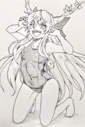 Rule 34 | 1girl, :d, breasts, collarbone, commentary request, covered navel, d-m (dii emu), full body, horn ornament, horn ribbon, horns, ibuki suika, kneeling, long hair, looking at viewer, open mouth, ribbon, simple background, small breasts, smile, solo, teeth, touhou, upper teeth only, v-shaped eyebrows