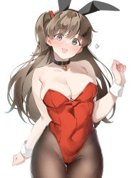 Rule 34 | 1girl, animal ears, arm behind back, belt collar, black collar, black pantyhose, blush, breasts, brown hair, cleavage, collar, commentary, covered navel, cowboy shot, fake animal ears, green eyes, hand up, heart, highres, idolmaster, idolmaster cinderella girls, karan, large breasts, leotard, long hair, looking at viewer, makihara shiho, one side up, open mouth, pantyhose, playboy bunny, rabbit ears, red leotard, simple background, solo, standing, strapless, strapless leotard, white background, wrist cuffs