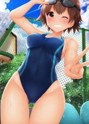 Rule 34 | 1girl, bandaid, bandaid on face, blue sky, blue one-piece swimsuit, brown eyes, brown hair, chain-link fence, cleaning brush, cloud, commentary request, competition swimsuit, cowboy shot, day, fence, goggles, goggles on head, grin, highres, kickboard, looking at viewer, minato ojitan, one-piece swimsuit, original, outdoors, power lines, short hair, sky, smile, solo, swimsuit, thigh gap, towel, wet