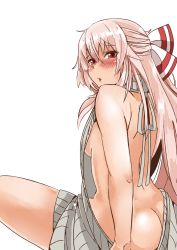 Rule 34 | 1girl, :o, alternate costume, ass, backless outfit, bare arms, bare back, bare shoulders, blush, bow, breasts, butt crack, dress, from behind, fujiwara no mokou, hair between eyes, hair bow, heiseikorotaisei, long hair, looking at viewer, looking back, medium breasts, meme attire, naked sweater, red eyes, revealing clothes, sideboob, silver hair, solo, sweater, sweater dress, touhou, virgin killer sweater, white bow