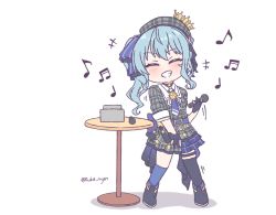 Rule 34 | ++, 1girl, asymmetrical legwear, belt, black footwear, black gloves, black socks, blue belt, blue choker, blue hair, blue necktie, blue socks, blush, choker, dress, facing viewer, fold-over boots, gloves, grey dress, grey hat, grin, hat, holding, holding microphone, hololive, hoshimachi suisei, hoshimachi suisei (1st costume), kneehighs, kukie-nyan, long hair, microphone, musical note, necktie, partially fingerless gloves, simple background, single kneehigh, single sock, single thighhigh, smile, socks, solo, table, thighhighs, uneven legwear, virtual youtuber, white background