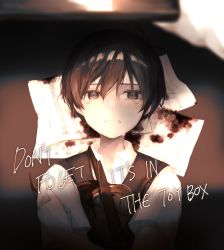 Rule 34 | 1boy, absurdres, black eyes, black hair, black sweater vest, blood, collared shirt, crying, crying with eyes open, english text, highres, holding, holding knife, knife, omori, parted lips, sen (ke1sun v), sheet music, shirt, short hair, short sleeves, solo, spoilers, sunny (omori), sweater vest, tears, teeth, white shirt