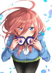 Rule 34 | 1girl, absurdres, black pantyhose, blue eyes, blue sweater, blush, breasts, closed mouth, color iroha, commentary request, fingernails, go-toubun no hanayome, green skirt, hair between eyes, headphones, headphones around neck, highres, leaning forward, legs, long sleeves, looking at viewer, medium breasts, nakano miku, pantyhose, red hair, shirt, skirt, smile, solo, sweater, thighs, white shirt
