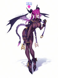 Rule 34 | 1girl, armor, biting, bodysuit, breasts, chain, citemer, clenched teeth, cuffs, dragon girl, dragon horns, dragon tail, dragon wings, full body, harness, highres, holding, holding leash, horns, large breasts, leash, leash pull, long hair, original, pointy ears, purple eyes, purple hair, saddle, saliva, shackles, shoulder armor, signature, solo, tail, teeth, thigh strap, wings