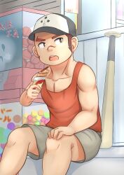Rule 34 | 1boy, aged down, akashi (live a hero), child, eating, highres, live a hero, long sideburns, male focus, muscular, muscular child, red eyes, red hair, red tank top, sabita kan, scar, scar on face, scar on nose, short hair, shorts, sideburns, sitting, solo, tank top, thick eyebrows