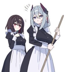 Rule 34 | 2girls, alternate costume, apron, black dress, blue pupils, blush, breasts, broom, brown hair, commentary request, cowboy shot, dress, enmaided, frilled apron, frills, frown, grey hair, hand on own chest, hanya (honkai: star rail), highres, holding, holding broom, honkai: star rail, honkai (series), large breasts, long sleeves, looking at viewer, maid, multiple girls, pink eyes, purple eyes, short hair, siblings, sisters, small breasts, white apron, xueyi (honkai: star rail), zenshin
