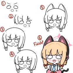 Rule 34 | 1girl, :3, :d, animal ear headphones, animal ears, blonde hair, blue archive, blue necktie, blunt bangs, blush, blush stickers, bow, chibi, collared shirt, commentary, english commentary, fake animal ears, hair bow, halo, headphones, highres, how to, jacket, lineart, long sleeves, low twintails, momoi (blue archive), mora (moragooyoo), multiple views, necktie, o o, off shoulder, open mouth, pink jacket, progression, red bow, shirt, short twintails, simple background, smile, suspenders, sweatdrop, twintails, v-shaped eyebrows, white background, white shirt, wing collar
