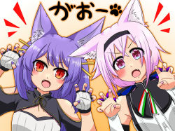 Rule 34 | .live, 2girls, animal ears, breasts, carro pino, cleavage, commentary request, detached sleeves, fang, fingerless gloves, fingernails, gloves, headband, highres, long hair, multiple girls, open mouth, paw pose, portrait, purple eyes, purple hair, red eyes, rurun rururica, simple background, small breasts, virtual youtuber, wolf ears