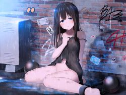 Rule 34 | 1girl, ball and chain restraint, bare shoulders, barefoot, black hair, blue eyes, bottomless, breasts, chain, highres, hoshimiya aki, long hair, looking to the side, medium breasts, navel, off shoulder, original, rain, sitting, slave, solo, stomach, wall, wet