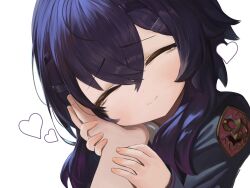 Rule 34 | 1girl, 1other, ^ ^, black jacket, blue archive, closed eyes, closed mouth, dokomon, facing viewer, hair between eyes, hair ornament, hairclip, haruka (blue archive), head tilt, heart, highres, jacket, long hair, long sleeves, out of frame, purple hair, roman numeral, simple background, sleeves past wrists, smile, tears, upper body, white background