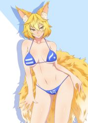 Rule 34 | 1girl, animal ears, bikini, blonde hair, blush, breasts, fox ears, fox tail, large breasts, looking at viewer, mamedenchi, multiple tails, navel, short hair, slit pupils, smile, solo, standing, swimsuit, tail, tongue, tongue out, touhou, yakumo ran, yellow eyes
