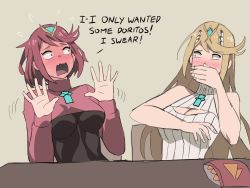 Rule 34 | 2girls, alternate costume, blonde hair, blush, breasts, center opening, chest jewel, cleavage cutout, clothing cutout, covering own mouth, doritos, english text, flying sweatdrops, full-face blush, headpiece, highres, implied kiss, jourd4n, long hair, meme attire, multiple girls, mythra (xenoblade), nintendo, open-chest sweater, open mouth, panicking, pyra (xenoblade), red eyes, red hair, short hair, sitting, surprised, sweater, swept bangs, turtleneck, turtleneck sweater, very long hair, wavy mouth, xenoblade chronicles (series), xenoblade chronicles 2, yellow eyes