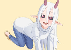 Rule 34 | 1girl, :d, all fours, black sclera, blue pants, colored sclera, denim, easy (aqk7bdqt), hair between eyes, hime-sama &quot;goumon&quot; no jikan desu, horns, long sleeves, looking at viewer, lulune (himesama goumon), open mouth, pants, pink eyes, pointy ears, shoes, simple background, smile, solo, sweater, white sweater, yellow background