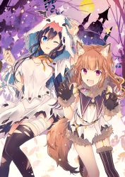 Rule 34 | 2girls, animal ears, bandages, bat (animal), black gloves, black hair, black legwear, blue eyes, brown headwear, castle, commentary request, fang, fox ears, fox tail, fur trim, gloves, goma (11zihisin), happy, highres, long hair, looking at viewer, multiple girls, one eye closed, original, red eyes, shirt, skirt, smile, tail, thighhighs, tongue, tongue out, torn clothes, torn legwear, white shirt, white skirt