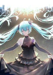 Rule 34 | 1girl, absurdres, ahoge, aqua hair, armpits, bare shoulders, black dress, black panties, black thighhighs, breasts, bridal gauntlets, character name, cityscape, cleavage, closed eyes, closed mouth, copyright name, dress, facing viewer, flower, garter straps, glint, hair between eyes, hair flower, hair ornament, hatsune miku, highres, jewelry, koi han, layered dress, light, long hair, medium breasts, necklace, panties, pendant, pink lips, purple flower, purple rose, rose, see-through, signature, skirt hold, smile, solo, thighhighs, twintails, underwear, very long hair, vocaloid