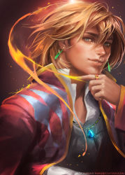 Rule 34 | 00s, 1boy, blonde hair, blue eyes, cape, collared shirt, earrings, eyelashes, hair between eyes, highres, howl, howl no ugoku shiro, jewelry, light smile, lips, long sleeves, looking at viewer, magic, male focus, necklace, parted lips, ring, sakimichan, shirt, smile, solo, studio ghibli, upper body, white shirt