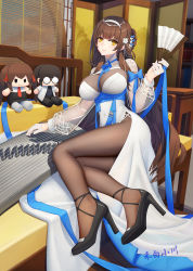 Rule 34 | 1girl, absurdres, artist name, black footwear, bodystocking, breasts, brown hair, brown pantyhose, china dress, chinese clothes, cleavage, closed mouth, couch, dress, full body, girls&#039; frontline, girls&#039; frontline neural cloud, gloves, hair ornament, hairband, hand fan, hebai xiaochuan, high heels, highres, holding, holding fan, holding instrument, instrument, large breasts, legs, lips, long hair, looking at viewer, lying, on side, pantyhose, smile, solo, table, thighs, toy, type 95 (girls&#039; frontline), white dress, white gloves, white hairband, yellow eyes