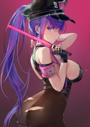 Rule 34 | 1girl, :p, ass, bb (fate), bb (fate/extra), black gloves, black hat, blunt bangs, breasts, brown pantyhose, butt crack, commentary request, cosplay, fate/grand order, fate (series), fingerless gloves, fingernails, gloves, gradient background, hat, highres, holding, large breasts, long hair, looking at viewer, nail polish, pantyhose, pink background, pink nails, ponytail, purple eyes, purple hair, sesshouin kiara (swimsuit mooncancer) (cosplay), sessyoin kiara, sessyoin kiara (swimsuit mooncancer), sessyoin kiara (swimsuit mooncancer) (second ascension), sideboob, solo, tongue, tongue out, torn clothes, torn pantyhose, vivi (eve no hakoniwa)