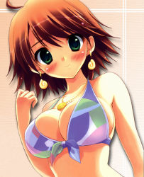 Rule 34 | 00s, 1girl, awakened miki, bikini, bikini top only, blush, breasts, brown hair, cleavage, earrings, female focus, from below, front-tie top, green eyes, hoshii miki, idolmaster, idolmaster (classic), jewelry, large breasts, looking down, necklace, non-web source, short hair, smile, solo, swimsuit