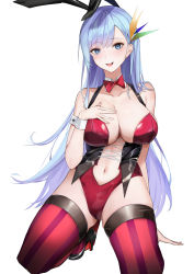 Rule 34 | 1girl, absurdres, afpl (parrotz4), animal ears, azur lane, bare shoulders, black footwear, blue eyes, blue hair, bow, bowtie, breasts, center opening, cleavage, clothing cutout, commentary, commission, detached collar, fake animal ears, hair ornament, high heels, highres, kneeling, large breasts, leotard, long hair, looking at viewer, mole, mole on thigh, navel, navel cutout, official alternate costume, open mouth, pixiv commission, playboy bunny, rabbit ears, red leotard, simple background, solo, striped clothes, striped thighhighs, thighhighs, ticonderoga (azur lane), ticonderoga (show stopper!) (azur lane), wrist cuffs