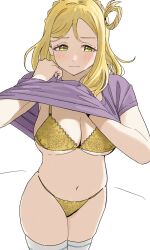 Rule 34 | 1girl, blonde hair, blue eyes, blush, bra, breasts, cleavage, clothes lift, commentary request, cowboy shot, dunchy, expressionless, hair rings, highres, large breasts, looking at viewer, love live!, love live! sunshine!!, medium hair, navel, ohara mari, panties, purple shirt, shirt, shirt lift, short sleeves, simple background, solo, stomach, thighhighs, underboob, underwear, white background, white thighhighs, yellow bra, yellow eyes, yellow panties