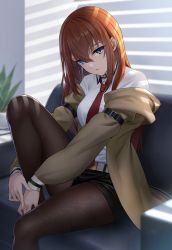 Rule 34 | 1girl, belt, black shorts, blue eyes, breasts, brown jacket, brown pantyhose, collared shirt, commission, couch, highres, indoors, jacket, knee up, long hair, long sleeves, makise kurisu, medium breasts, necktie, off shoulder, on couch, open clothes, open jacket, orange hair, pantyhose, pantyhose under shorts, parted lips, pixiv commission, plant, potted plant, red necktie, shirt, short shorts, shorts, sion (9117), sitting, smile, solo, steins;gate, white shirt