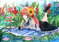 Rule 34 | 1girl, alternate hairstyle, cake, croissant, cupcake, feet up, flower, food, garden, girls&#039; frontline, holding, holding flower, juliet sleeves, lily pad, long hair, long sleeves, lying, maid, maid headdress, mary janes, mat, nattsume (natttsume), ntw-20 (girls&#039; frontline), ntw-20 (the aristocrat experience) (girls&#039; frontline), official alternate costume, on stomach, pink hair, plate, ponytail, puffy sleeves, sandwich, shoes, socks, solo, sunflower, tiered tray